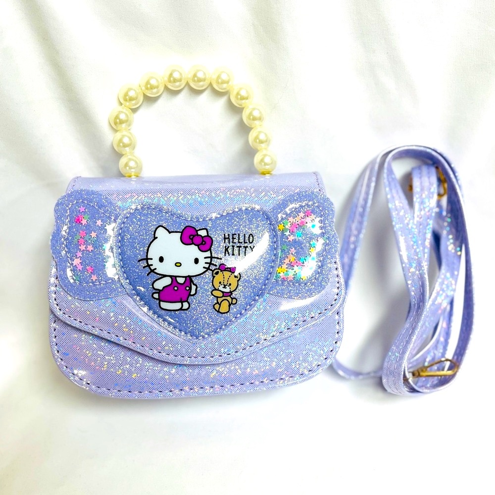Hello Kitty Purple Glitter Kids Bag, NIB, crossbody strap, cream bead handle, - Picture 8 of 11
